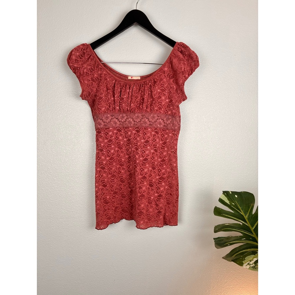 Vtg Forever 21 Y2K Top Pink Lace Cap Sleeve Babydoll Elena Coquette S/M
